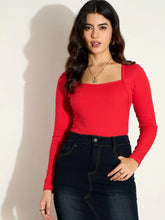 Women Red Rib Square Neck Full Sleeves Top-SFTOPS42099