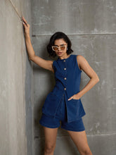 Women Navy Denim Front Open Sleeveless Top With Shorts-SFTOPS42149_SFSHOR9105