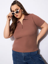 Women Brown Rib Front Zipper Polo Neck Top-SFTOPS42153