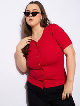 Women Red Rib Front Button Lace Detail Top-SFTOPS42157