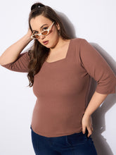 Women Brown Rib Sqaure Neck Top-SFTOPS42161