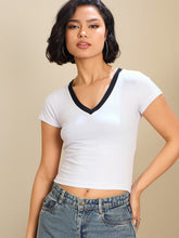 Women White Contrast Deep V-Neck Crop T-Shirt-SFTOPS42170