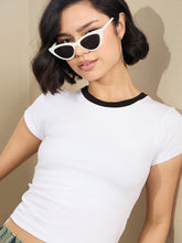 Women White Contrast Round Neck Crop T-Shirt-SFTOPS42175