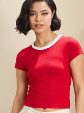 Women Red Contrast Round Neck Crop T-Shirt-SFTOPS42177