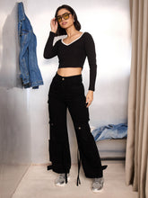 Women Black Rib Sweetheart Piping Neck Crop Top-SFTOPS42360