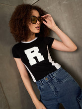 Women Black & White R-Print Fitted T-Shirt-SFTOPS42366