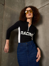 Women Black & White RACING High Neck Fitted T-Shirt-SFTOPS42370