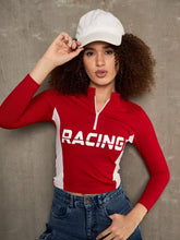 Women Red & White RACING High Neck Fitted T-Shirt-SFTOPS42371