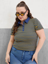 Women Yellow & Navy Rib Stripe Polo Neck Top-SFTOPS42396