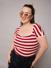 Women Red & Off White Rib Stripe Square Neck Top-SFTOPS42401