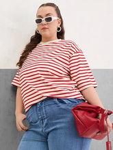 Women Red & Off White Stripe Round Neck T-Shirt-SFTOPS42403