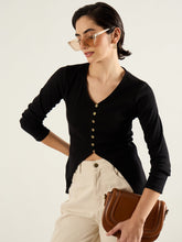 Women Black Rib Button Down Regular Top-SFTOPS42414