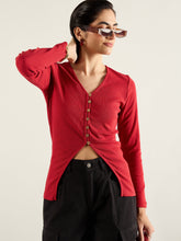 Women Red Rib Button Down Regular Top-SFTOPS42415
