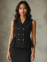 Women Black Sleeveless Notch Collar Button Top-SFTOPS42426