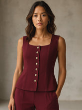 Women Burgundy Rhombus Neck Sleeveless Front Button Top-SFTOPS42437