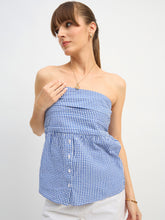 Women Blue & White Check Smoked Back Tube Top-SFTOPS42443