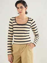 Women Black & Beige Striped Full Sleeve Top-SFTOPS42453