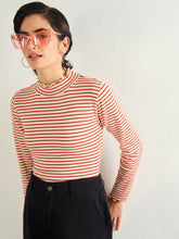Women Red & Beige Striped Rib High Neck Full Sleeve Top-SFTOPS42464