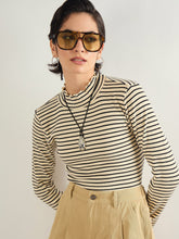 Women Black & Off-White Striped Rib High Neck Full Sleeve Top-SFTOPS42465
