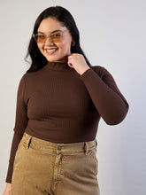 Women Brown High Neck Rib Top-SFTOPS42470
