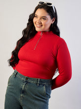 Women Red Rib Front Zipper Top-SFTOPS42473