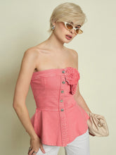 Women Pink Denim Corsage Button Down Top-SFTOPS42475