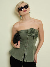 Women Olive Denim Corsage Button Down Top-SFTOPS42476