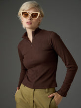 Women Dark Brown Rib High Neck Front Zipper Top-SFTOPS42479