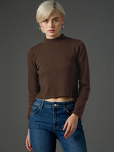 Women Dark Brown Rib Turtle Neck Crop Top-SFTOPS42482