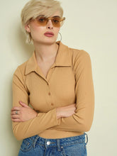 Women Tan Rib Polo Neck Full Sleeves Top-SFTOPS42487