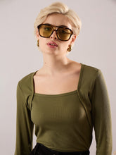 Women Olive Rib Square Neck Full Sleeves Top-SFTOPS42489