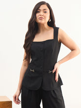 Women Black Rhombus Neck Sleeveless Front Button Top