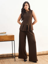 Women Coffee Brown Round Neck Front Zipper Top With Dual Dart Pant