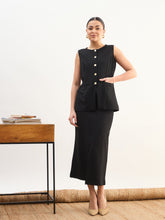 Women Black Round Neck Vest Top With Front Slit Midi Skirt
