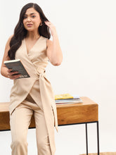 Women Beige V Neck Sleeveless Tie Up Closure Top