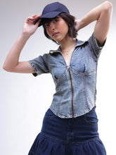 Women Blue Blast V-Neck Front Zipper Top