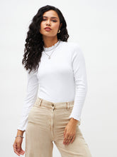 Women White Rib High Neck Full Sleeve Top-SFTOPS4897