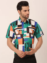 Indian Needle Men's Lycra Printed Half Sleeve Formal Shirts-SF-814Green