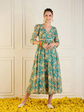 Women Turquoise Blue Floral Anarkali Maxi Dress-SHDRS12275