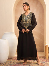 Women Black Embroidered Round Neck Abaya Dress-SHDRS12813