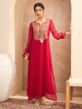 Women Red Embroidered Round Neck Abaya Dress-SHDRS12814