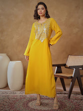Women Yellow Embroidered Round Neck Abaya Dress-SHDRS13277