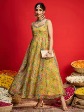 Women Yellow Floral Chanderi Sleeveless Anarkali Dress-SHDRS13329