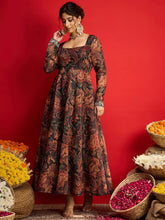 Women Black Floral Chanderi Anarkali Dress-SHDRS13330