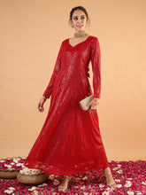 Women Red Sequence Sweetheart Neck Anarkali Dress-SHDRS13423
