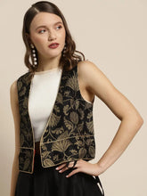 Women Printed Black Sleeveless Jacket