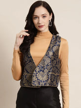 Women Printed Navy Sleeveless Jacket