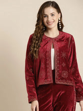 Women Embroidered Maroon Round Neck Full Sleeve Jacket