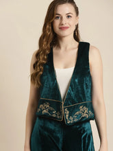 Women Embroidered Teal Sleeveless Jacket