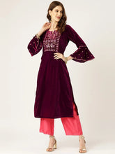 Purple Velvet Flute Sleeve Embroidery Kurta